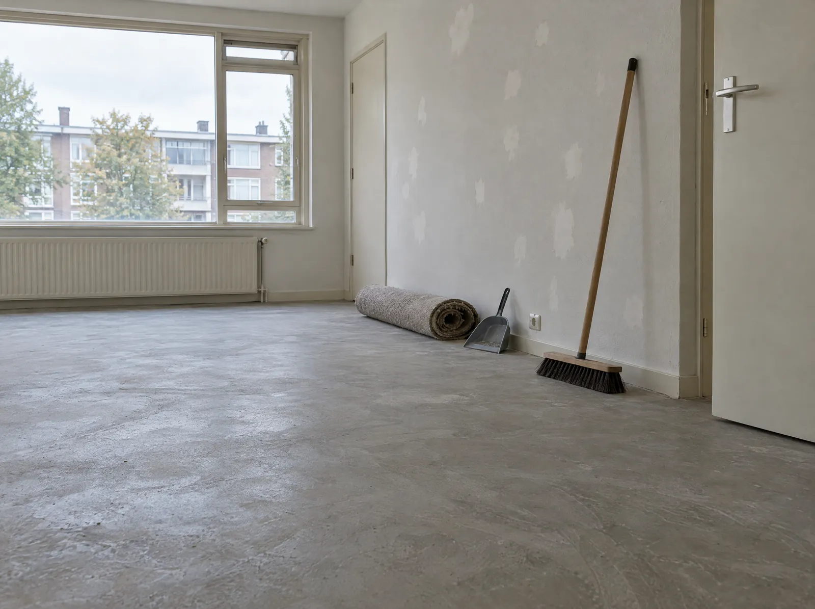 Lege kamer met kale vloer en een bezem tegen de muur na het opleveren