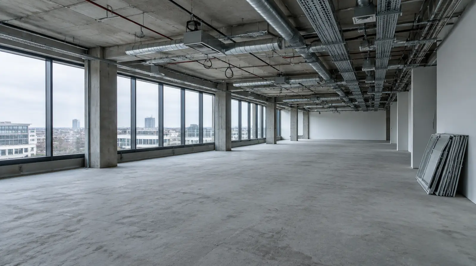 Een lege kantoorverdieping met betonvloer, open plafond met leidingen en kabelgoten, en grote ramen
