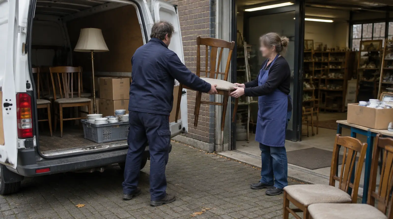 Een ontruimer geeft een houten stoel aan een medewerker bij de achterdeur van een kringloopwinkel, met een bus vol stoelen en servies