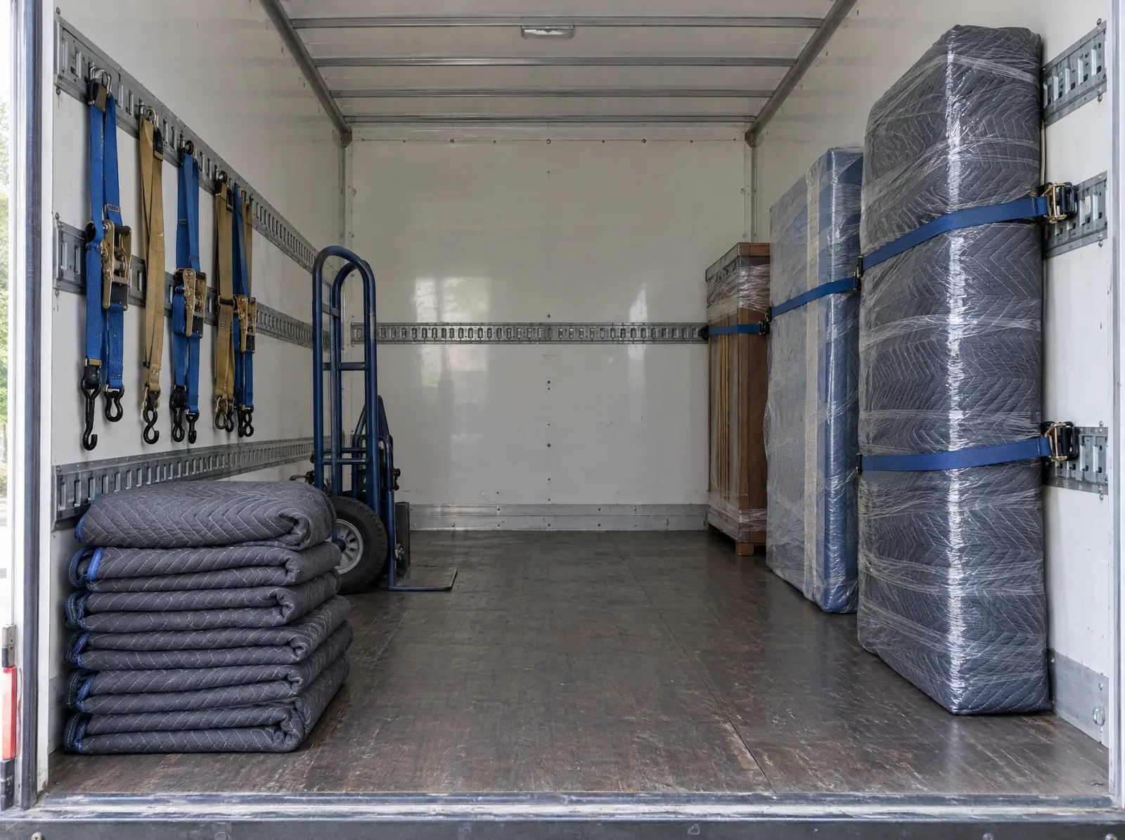 Laadruimte van een verhuiswagen met dekens, spanbanden en ingepakte meubels