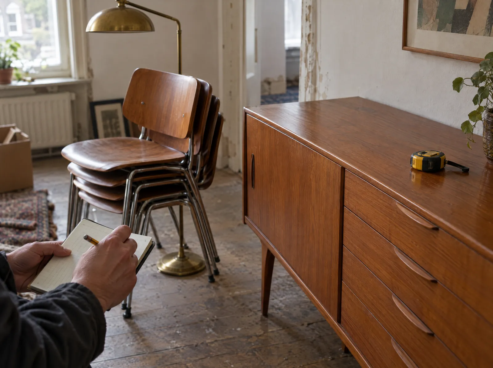 Een teakhouten dressoir, een messing staande lamp en vintage stoelen worden genoteerd in een notitieboekje
