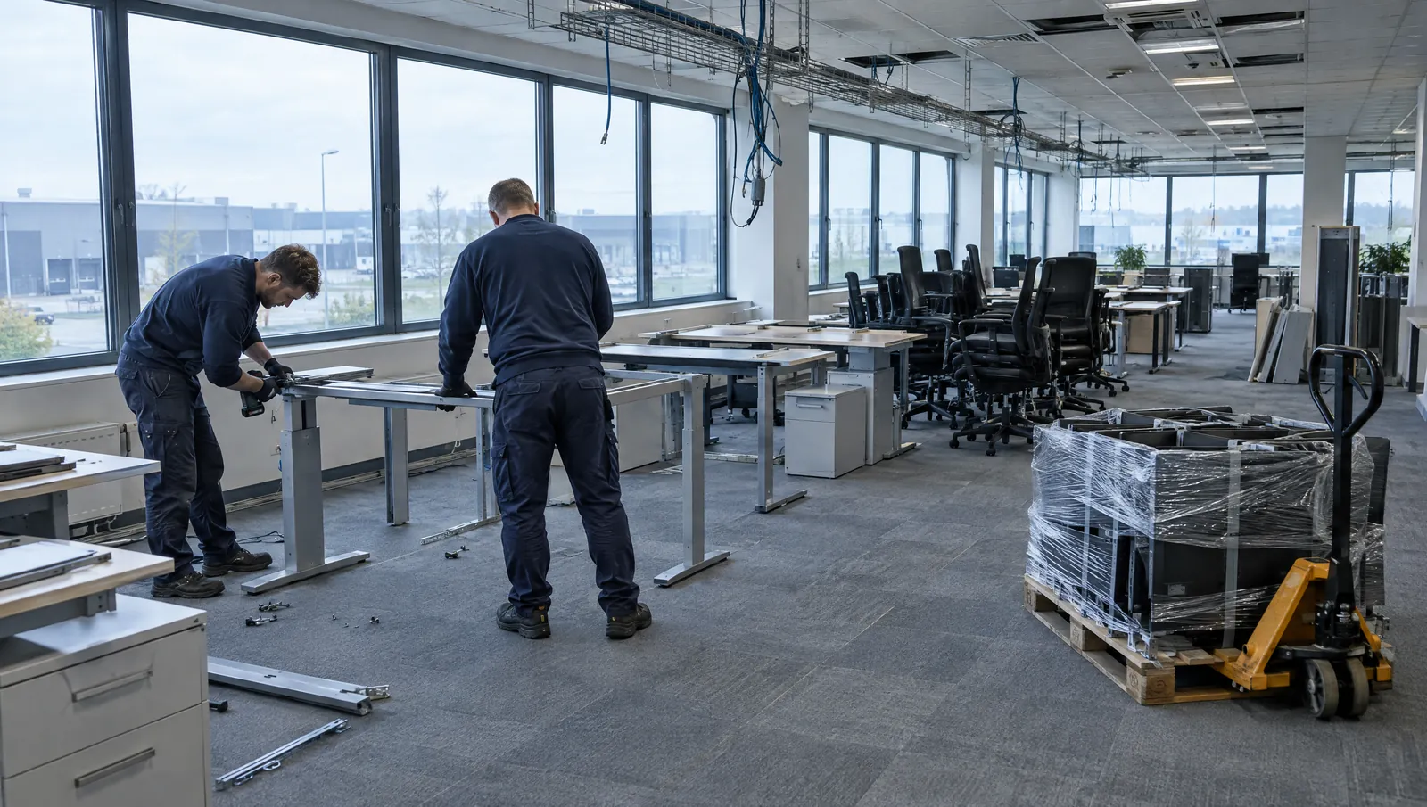 Twee medewerkers demonteren bureaus op een kantoorvloer, gestapelde stoelen en een pallet met ingepakte monitoren