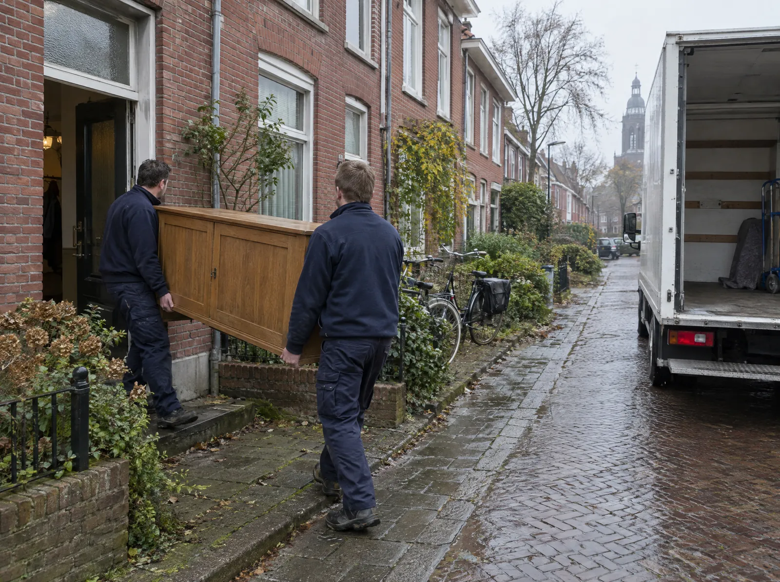 Twee ontruimers dragen een eikenhouten kast uit een Nederlandse rijtjeswoning naar een bestelwagen