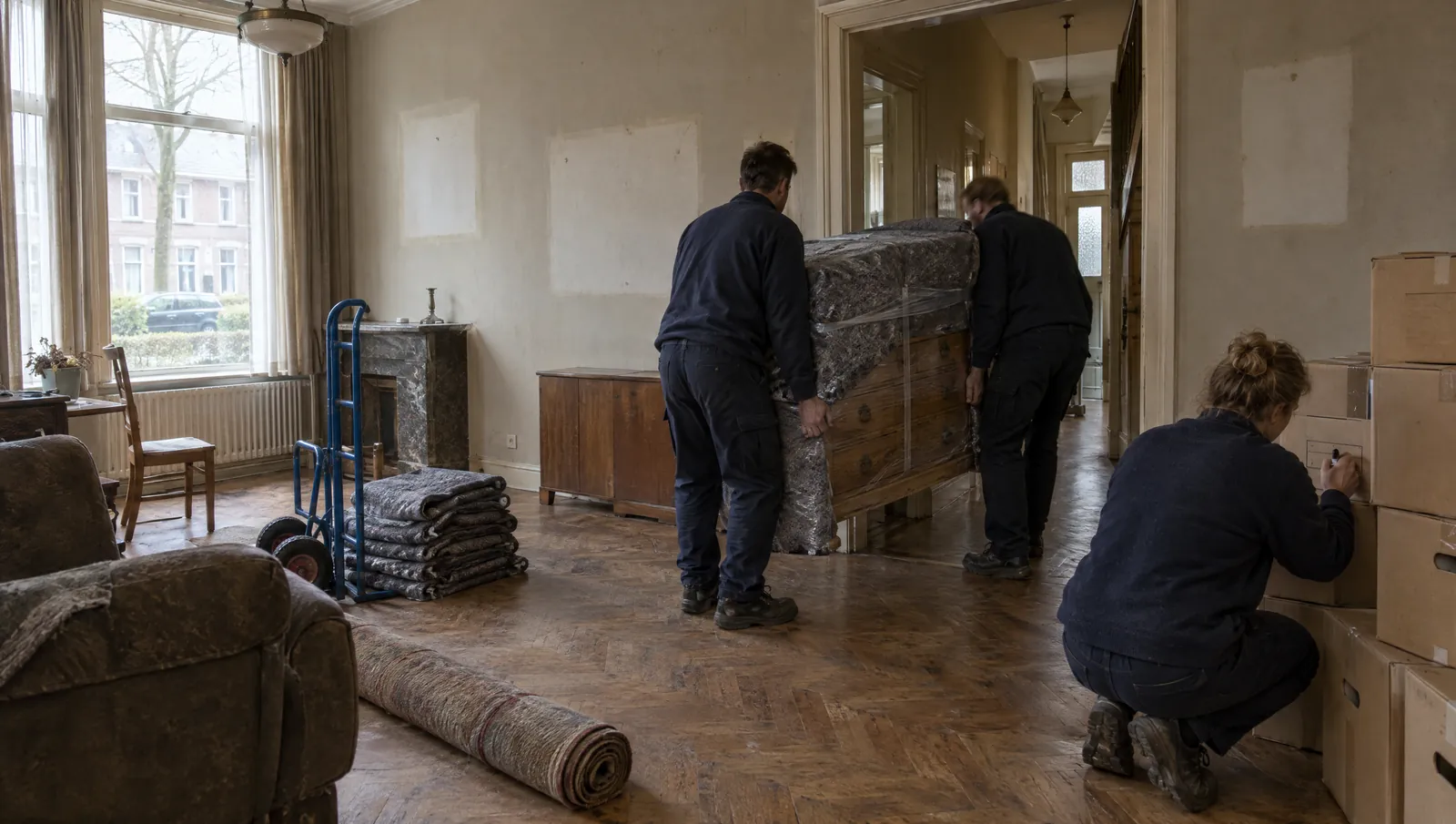 Ontruimers dragen een ingepakte kast door een half leeggehaalde woonkamer, iemand beschrijft verhuisdozen