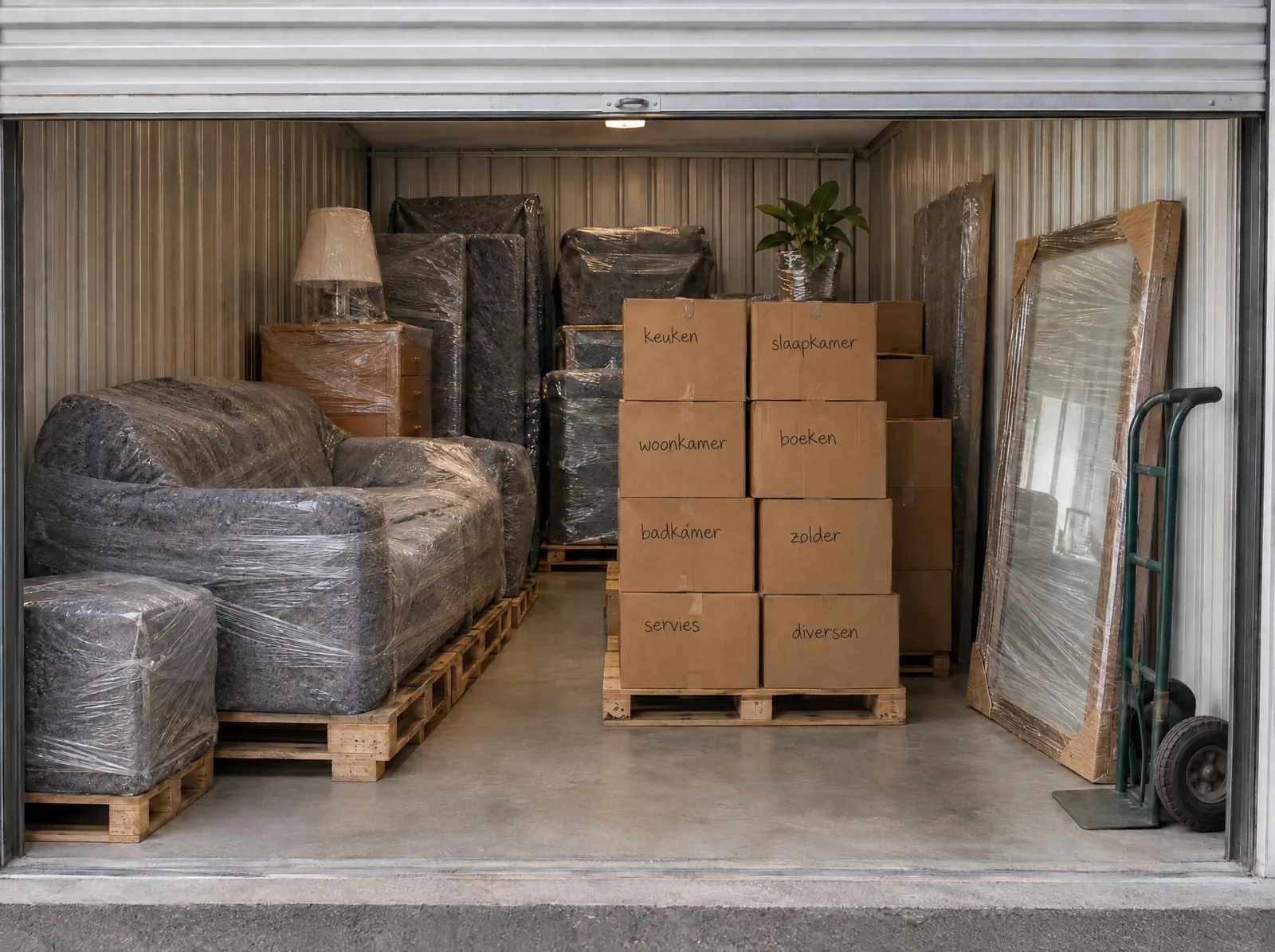Ingepakte meubels en beschreven verhuisdozen op pallets in een droge opslagruimte