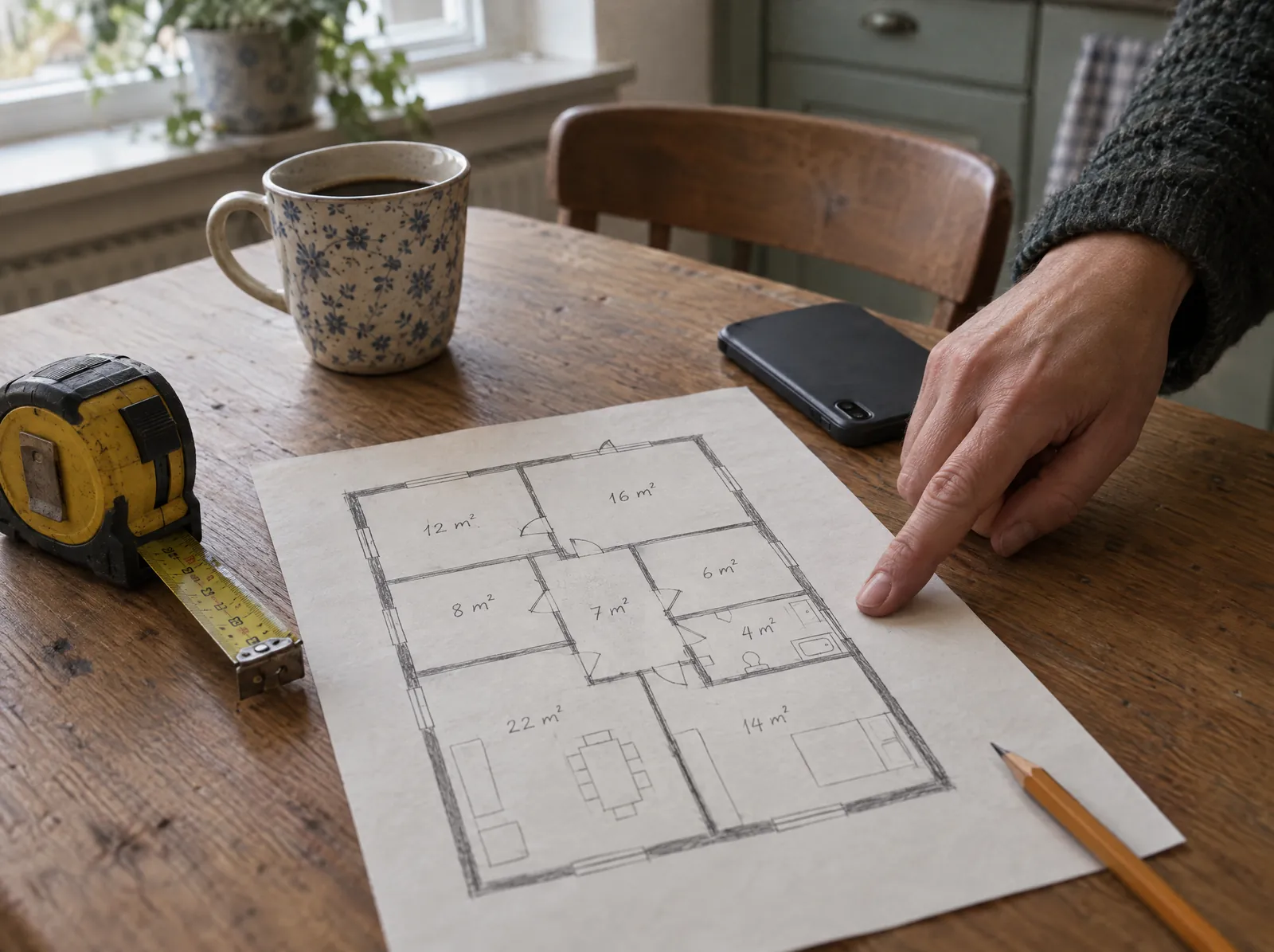 Getekende plattegrond met vierkante meters op een keukentafel