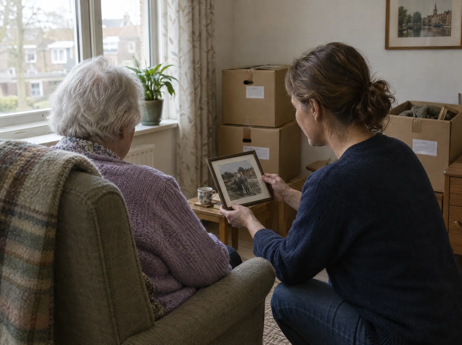 Een oudere vrouw kijkt naar een ingelijste foto die een medewerker haar laat zien in een kamer met verhuisdozen