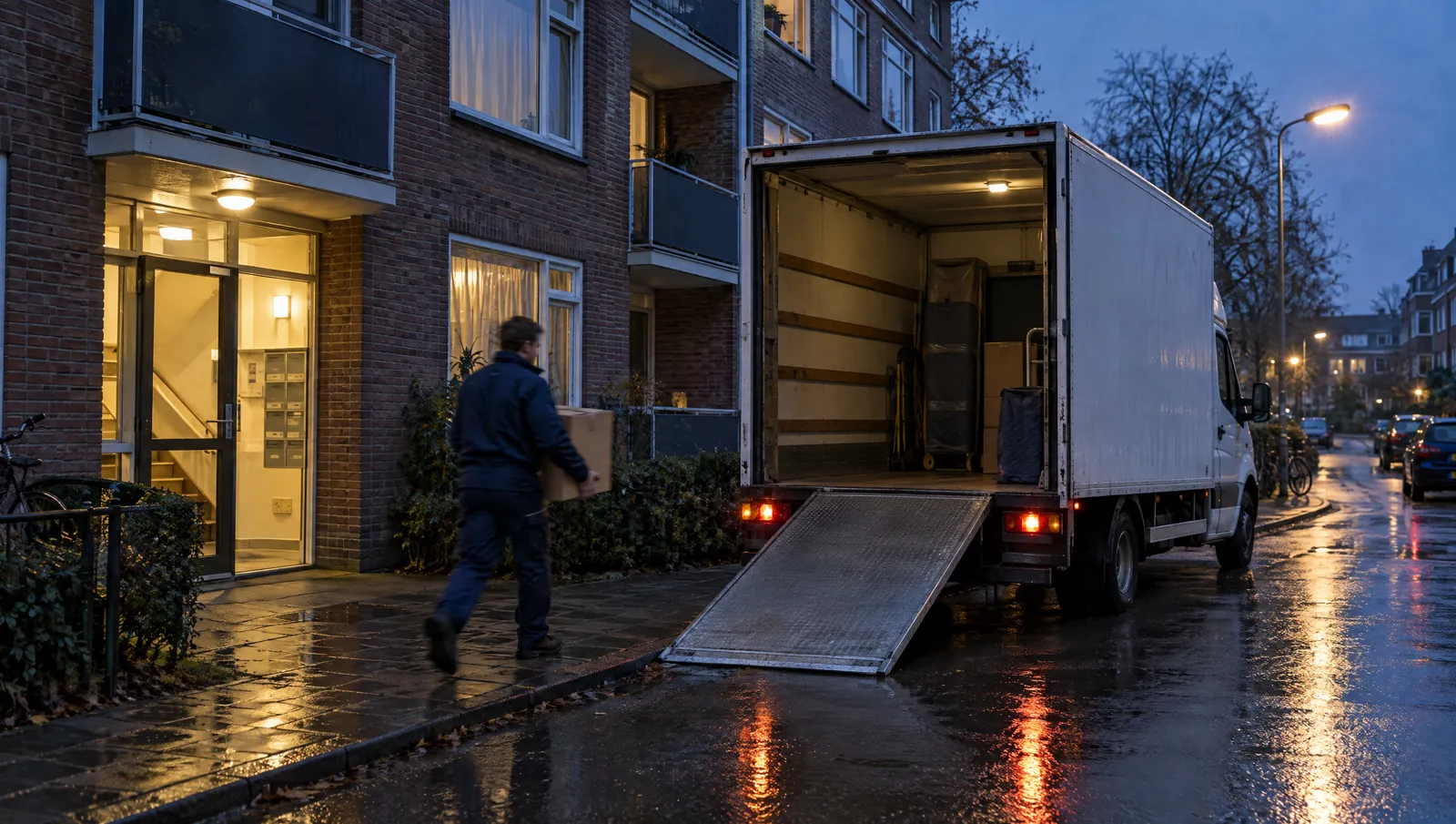 Bestelwagen met open laadklep voor een appartementengebouw in de schemering