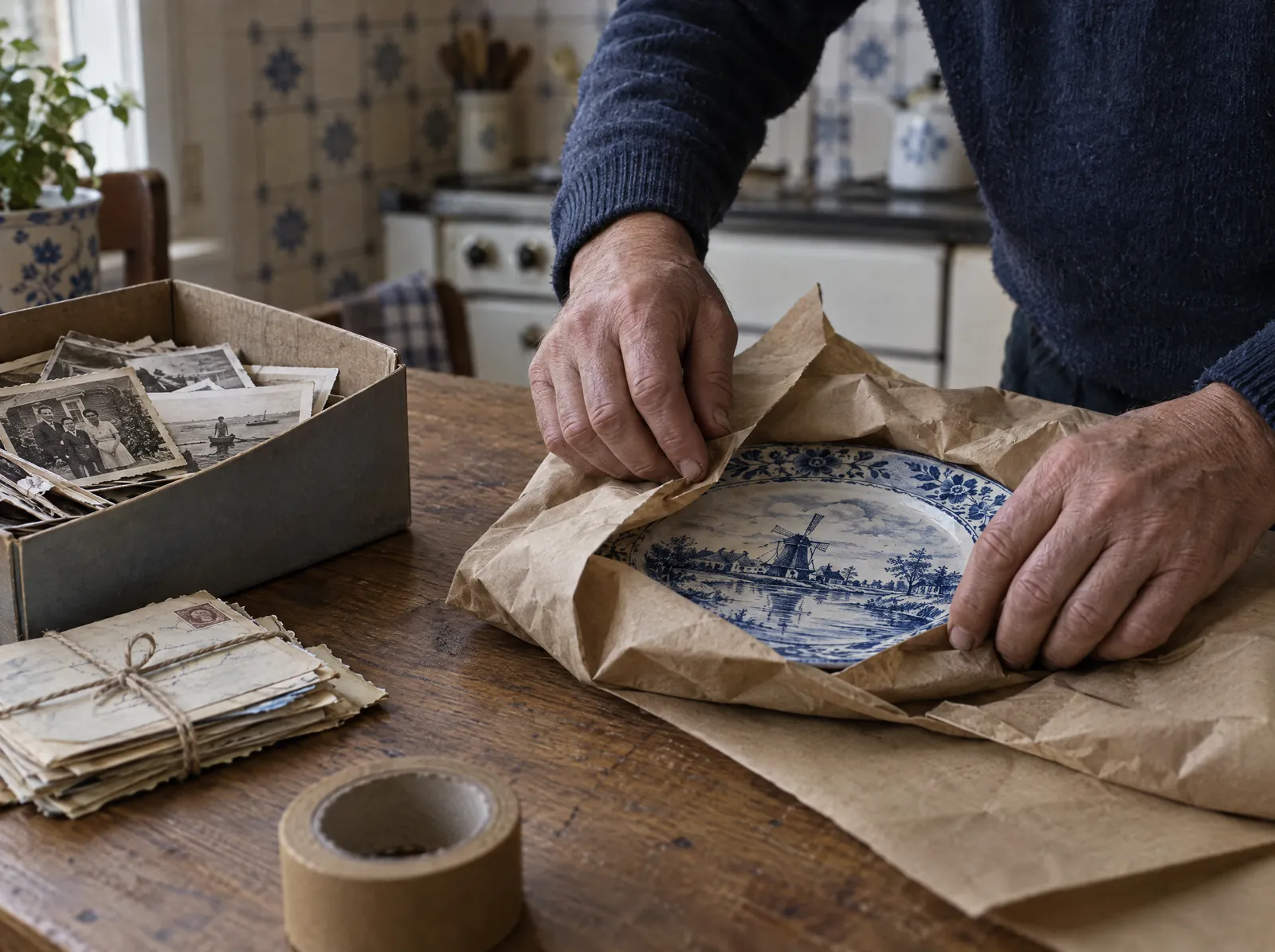 Handen pakken servies zorgvuldig in bij een woningontruiming